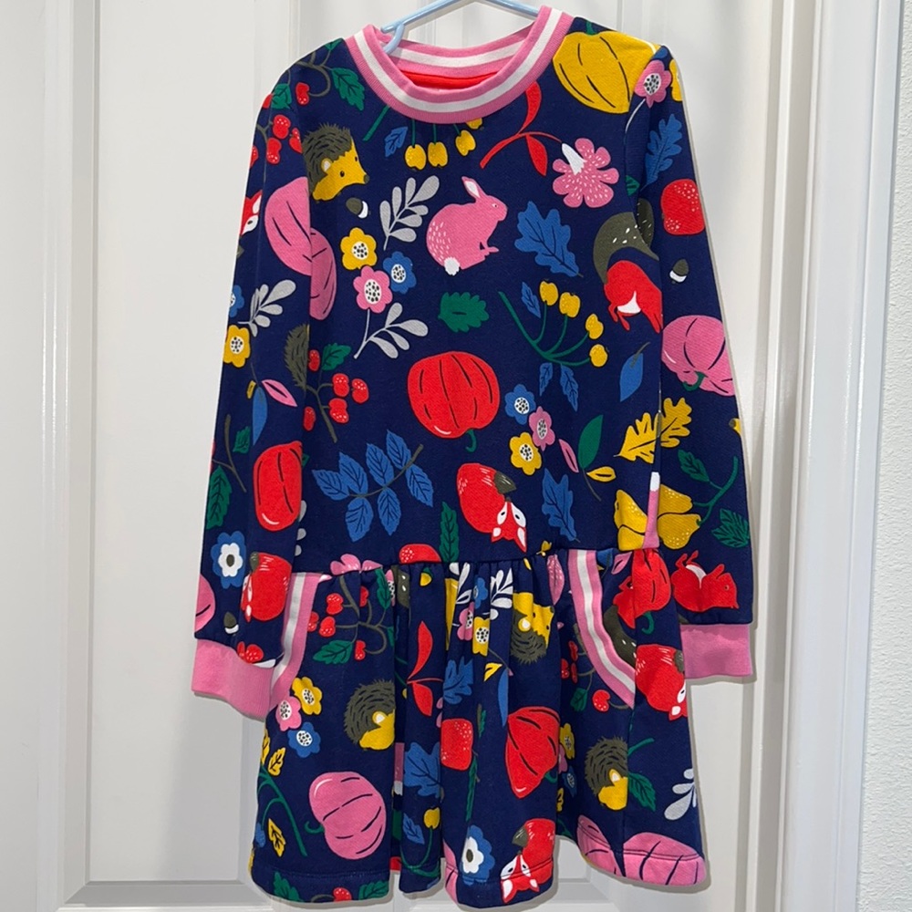 Mini Boden girls dress.  Fleece, multi color with pockets.  NWOT